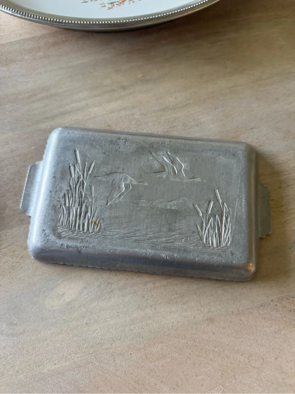 Vintage Aluminum Tray and Coaster Set with Flying Ducks Relief